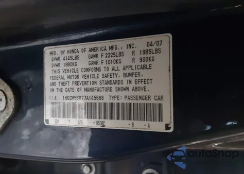 2007 Honda Accord 2.4 Ex z USA, uszkodzony, nr VIN 1HGCM56877A145666